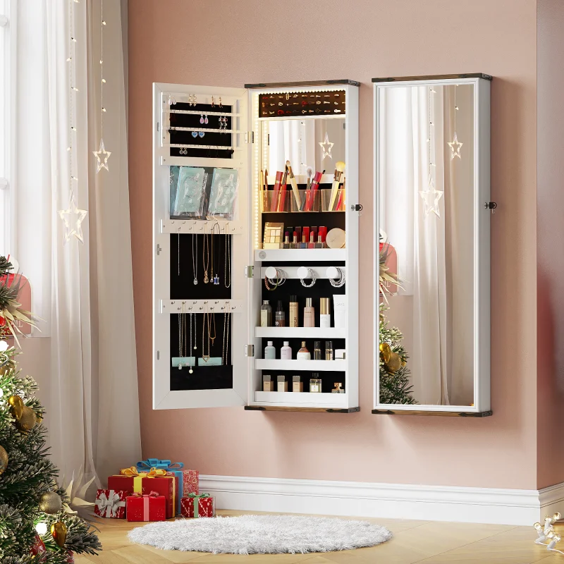 Wall-mounted+Jewelry+Mirror+Cabinet+With+Led+Lights,+Makeup+Storage,+And+Organizer