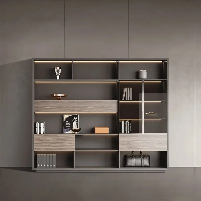 کتابخانه و ویترین دیواری MDF مدرن لوکس با نورپردازی LED مدل 011
