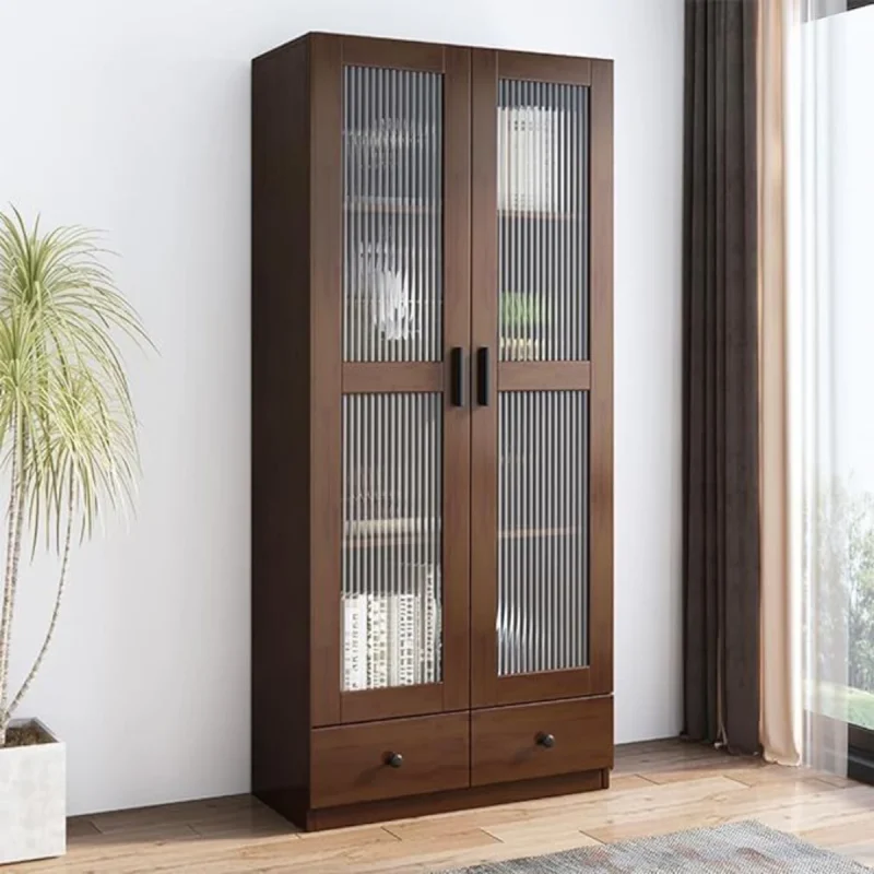 ویترین و کتابخانه ایستاده MDF طرح گردویی با شیشه فلوتد مدل 013