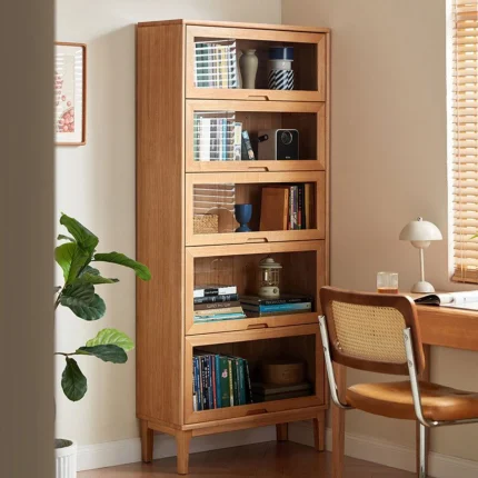 کتابخانه ۵ طبقه MDF روکش چوب و شیشه‌ای باریستر مدل 005