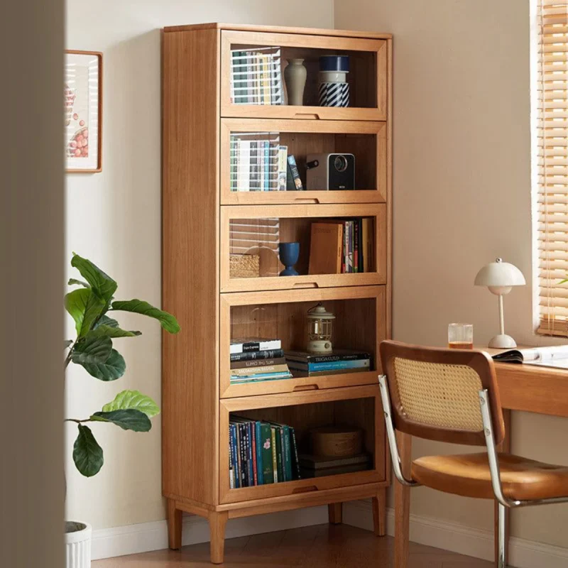 کتابخانه ۵ طبقه MDF روکش چوب و شیشه‌ای باریستر مدل 005