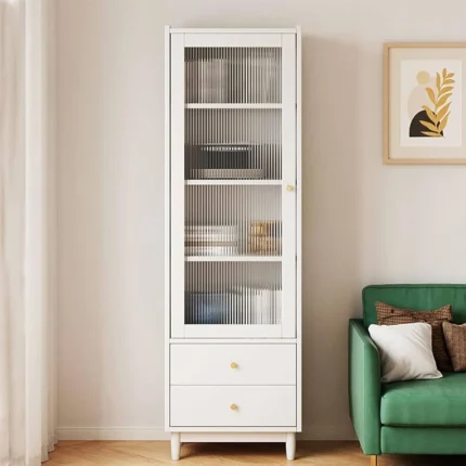 کتابخانه ایستاده MDF سفید با در شیشه ای شیاردار (Fluted) مدل 007