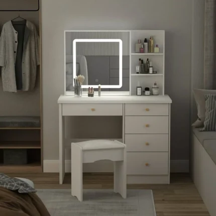 میز آرایش سفید با آینه LED مدل 015