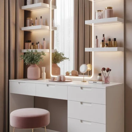 میز آرایش لوکس سفید با آینه LED مدل 016