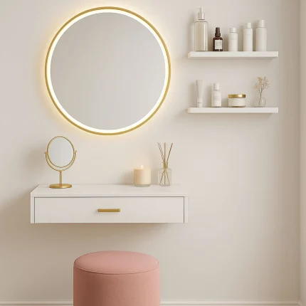 میز آرایش دیواری سفید با آینه LED طلایی مدل 006