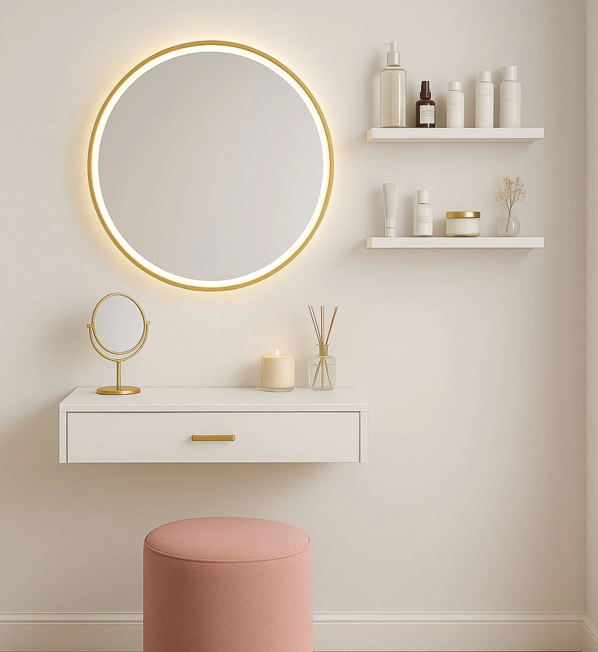 میز آرایش دیواری سفید با آینه LED طلایی مدل 006 میز آرایش دیواری سفید با آینه LED طلایی مدل 006
