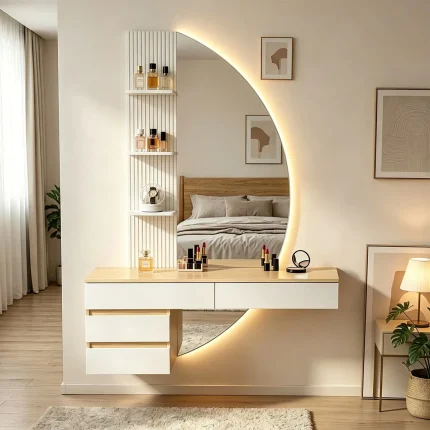 میز آرایش دیواری مدرن با آینه هلالی LED مدل 008
