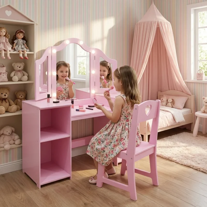 میز آرایش دخترانه با رنگ صورتی برای کودکان