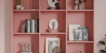 میز تحریر و کتابخانه دیواری صورتی مدل 005