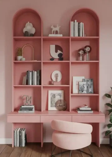 میز تحریر و کتابخانه دیواری صورتی مدل 005