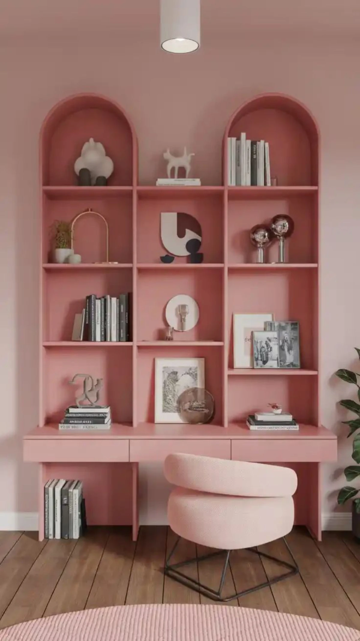 میز تحریر و کتابخانه دیواری صورتی مدل 005