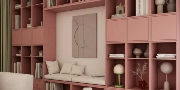کتابخانه سرتاسری صورتی با نیمکت مدل 006