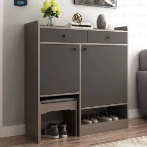 جاکفشی قهوه ای مشکی با کمد و کشو و صندلی نشیمن